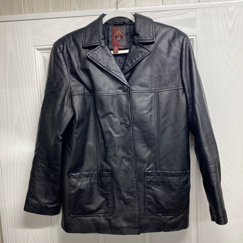 G Ill Leather Jacket Womens Black Mid Length Button Front Blazer Quilt Lined
